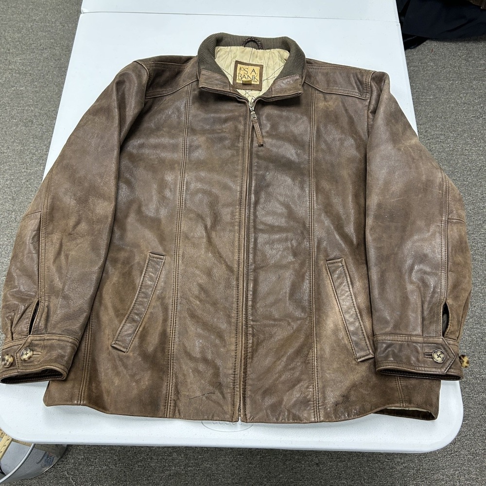 Jos. A. Bank Leather Jacket Mens XL Brown Map Print Lining Distressed E2